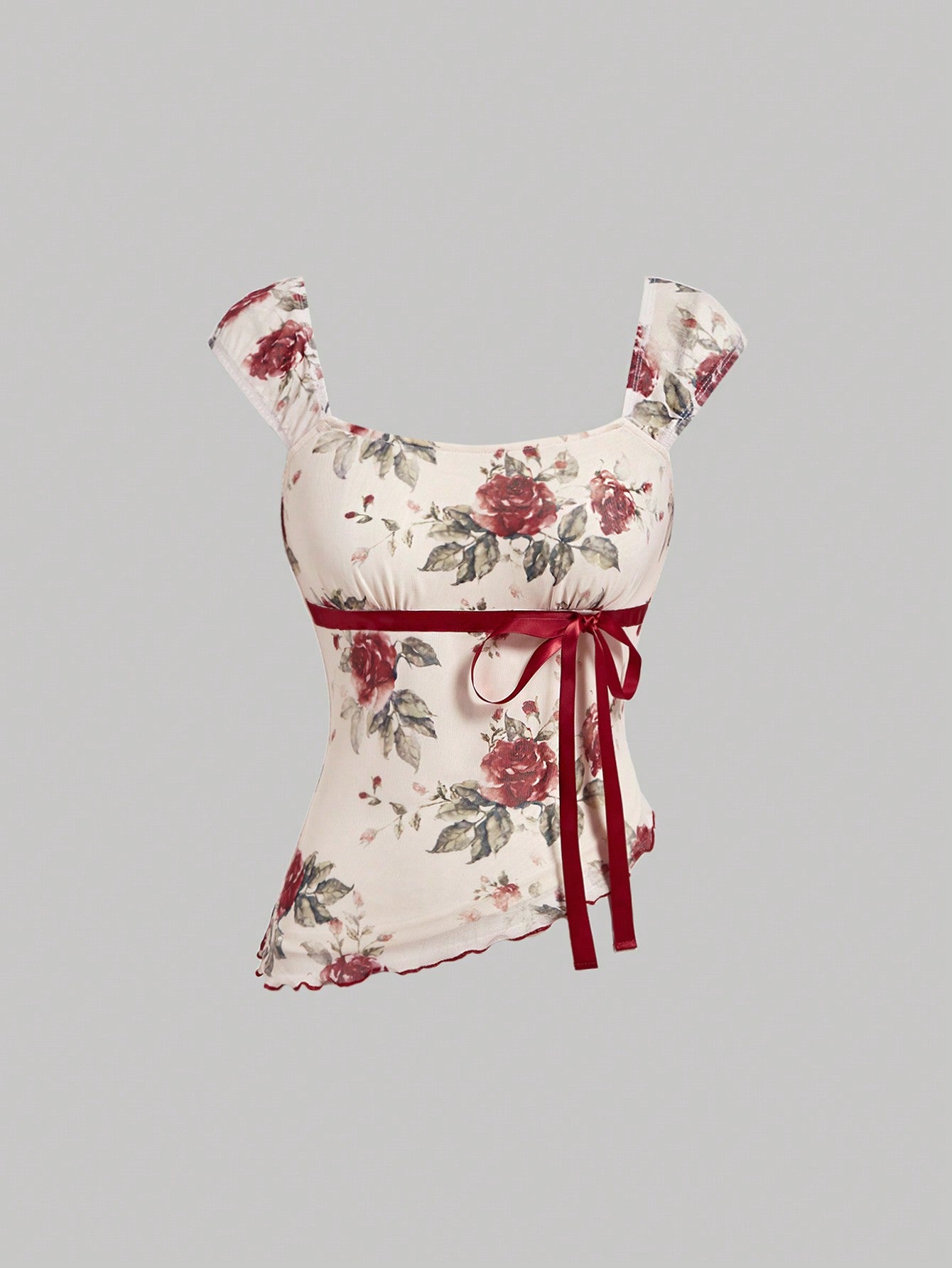 Women's Asymmetric Hem Contrast Color Wavy Hem Low V-Neck Vest With Bow Ribbon Decor