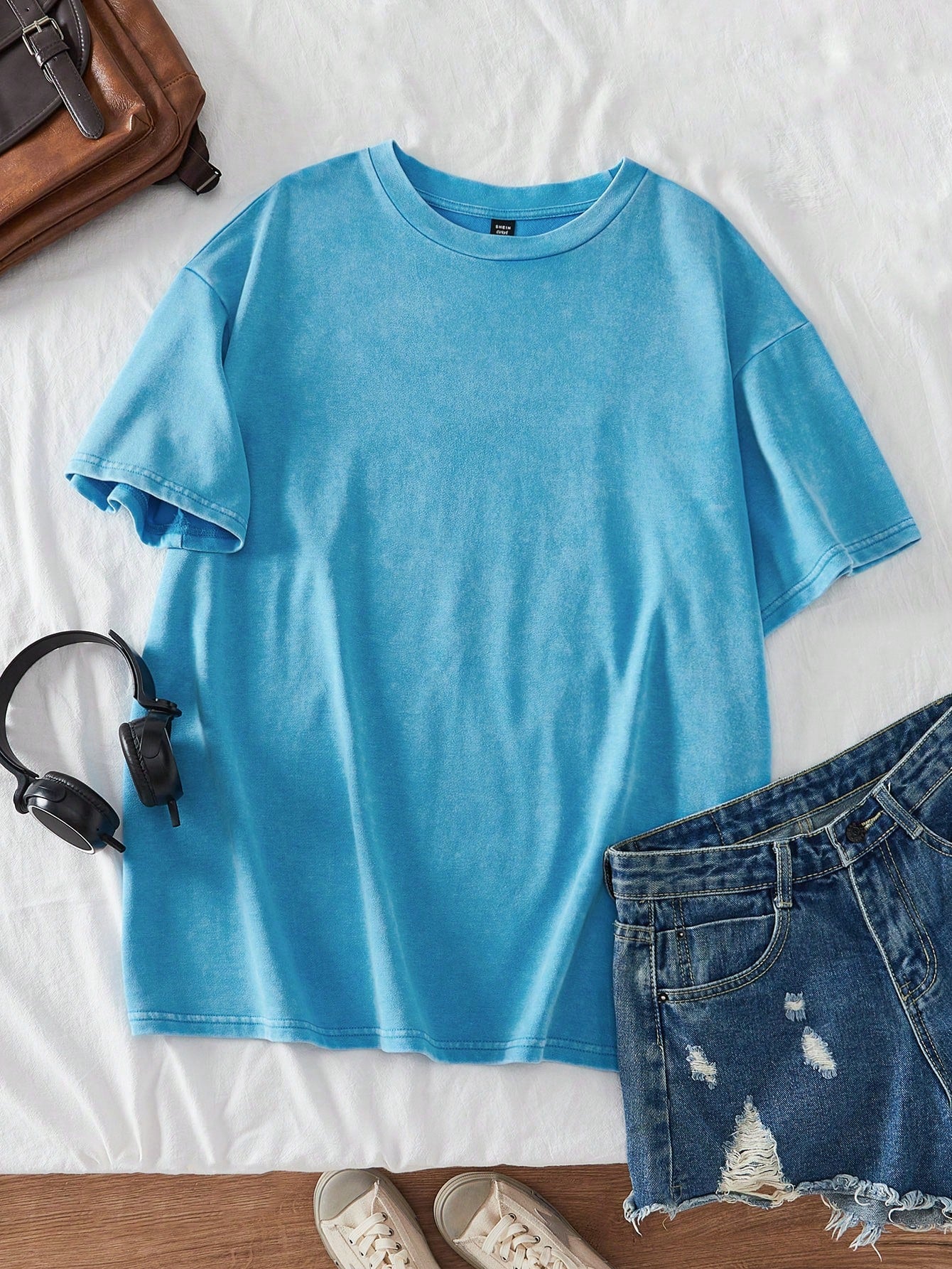 Plus Size Acid Washed Look Vintage Knitted Distressed Loose Fit Short Sleeve T-Shirt