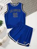 Tween Boys' Extended Size Casual Letter & Number Printed Round Neck Sleeveless Pullover Top And Shorts Knitwear 2pcs Set