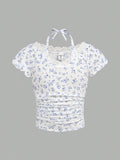 Tween Girl Flower Print Lace Trim Halter Tie Neck T-Shirt