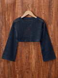 Tween Girl Solid Color Round Neck Long Sleeve Cropped Sweater With Hollow Out Design, Spring/Summer