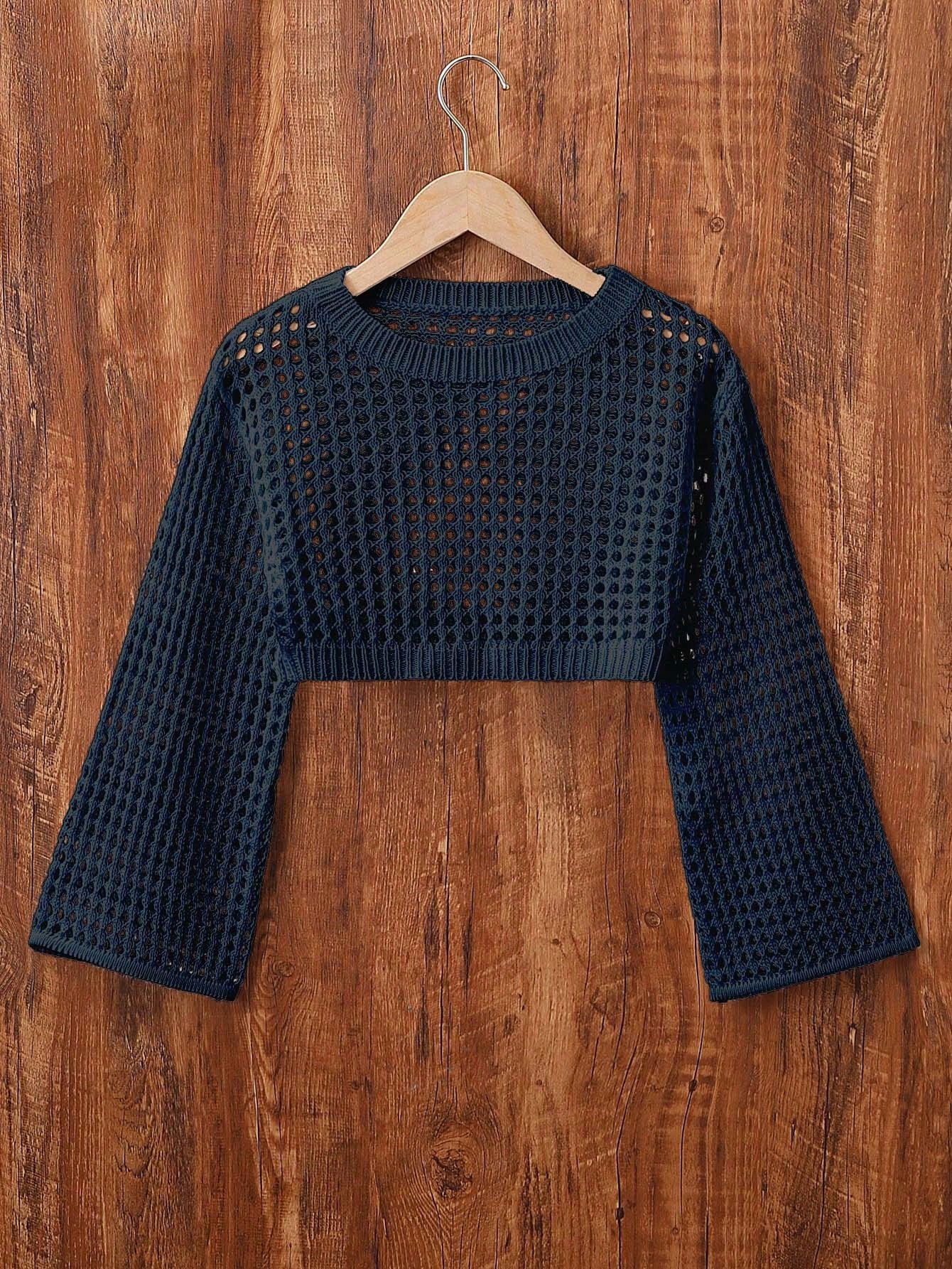 Tween Girl Solid Color Round Neck Long Sleeve Cropped Sweater With Hollow Out Design, Spring/Summer