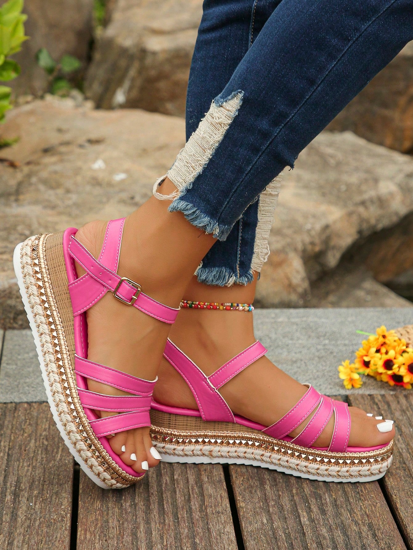 Women's Studded Multi Strap Ankle Buckle Sandals With Wedge Heels, Thick Soles, And High Waterproof Platform, Ideal For Summer Vacation And Casual Wear, In Pink