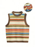 American-Style Striped Knitted Hollow-Out Vest, Summer Slouchy Outerwear Sleeveless Vest For Layering
