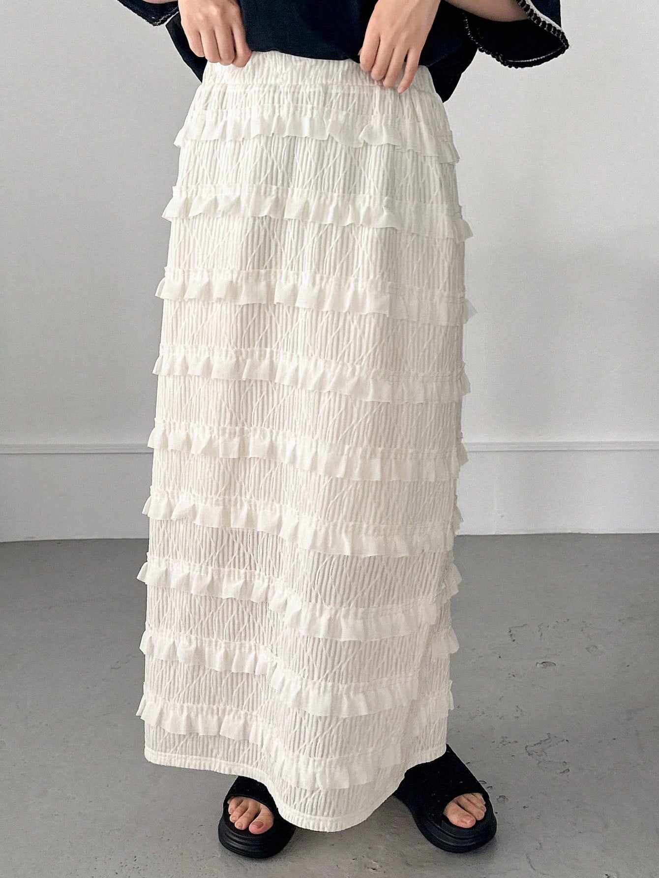 FRIFUL Women's Solid Textured High Waist Tiered Layer Skirt