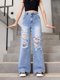 Kids Tween Girl New Casual Fashionable Distressed Denim Washed Wide-Leg Jeans