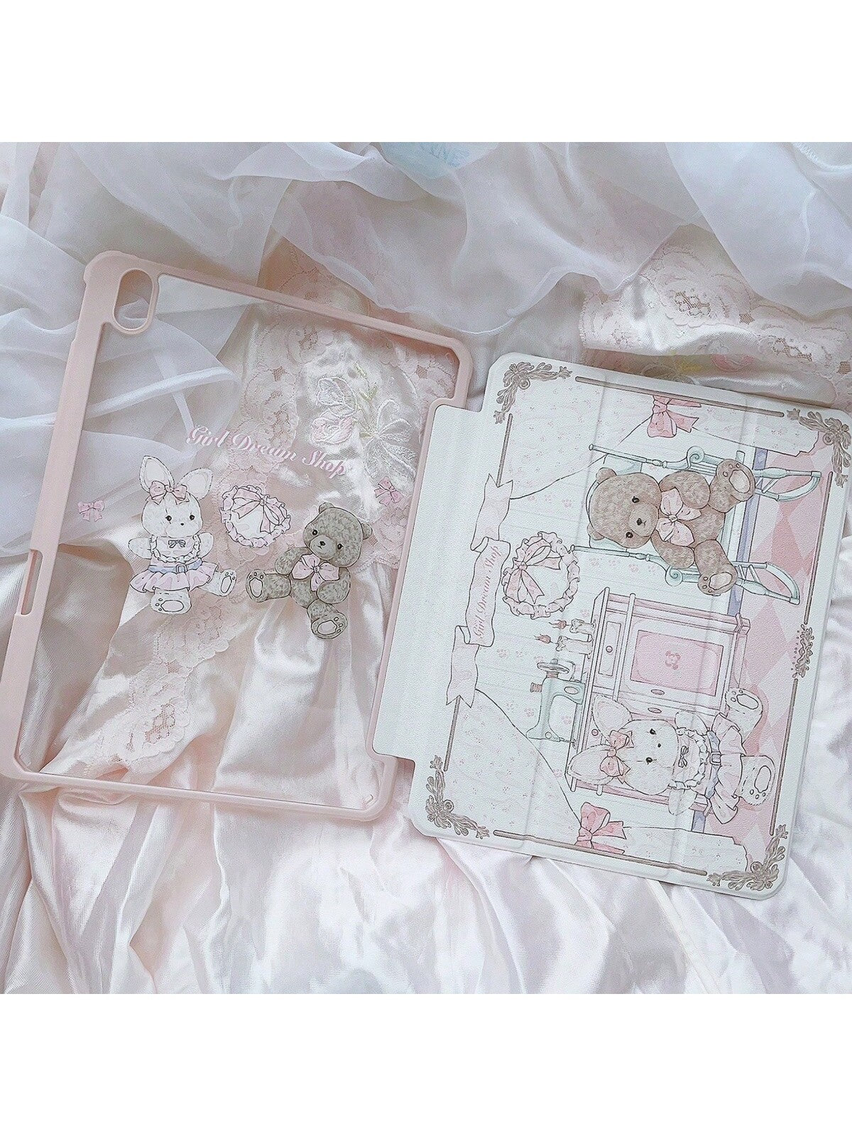 Pink Stuffed Doll Teddy Bear & Rabbit 2-In-1 Foldable Tripod Stand For IPad Protective Case (10.2/Air4/Air5/Pro11/10th/10.9/9.7)