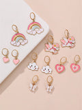 6pairs Girls' Cute Cartoon New Simple Design Sweet Style Rainbow Cloud Heart Shaped Alloy Dangle Earrings Set