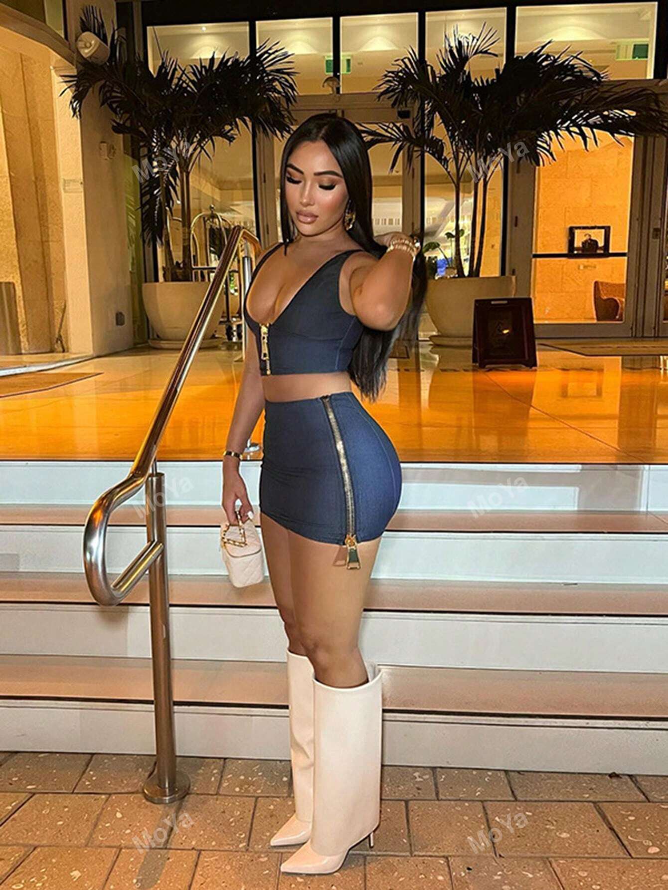 Fashionable And Sexy Low-Cut Backless Vest And Solid Color Zippered Mini Skirt Set For Trendsetters