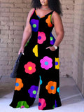 Plus Size Summer Holiday Floral Printed Wide-Leg Jumpsuit With Straps For Casual Wear