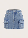 Flap Pocket Casual Denim Skirt