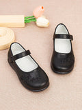 Pure Black Floral Patterned Girls' Princess Shoes For Little And Big Kids, Spring And Autumn