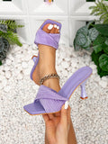 Fashionable Purple Women's High Heel Sandals, Spring/Summer, Square Toe, Stiletto Heels, Non-Slip Pressed Patterned PU Mule Sandals