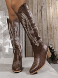 Women's 2024 Spring/Autumn New Fashion Long Rivet Detail Embroidered Western Boots And Knee-High Boots