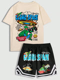 Street Life Men's Slogan Alien Printed Crew Neck Short Sleeve Casual T-Shirt And Drawstring Waist Shorts Set, Suitable For Daily Wear In Spring And Summer