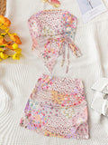 Knit Mesh Pink Patchwork Floral Tube Top With Drawstring, Slim Fit Mini Skirt - 2pcs Women's Casual Vacation Outfits