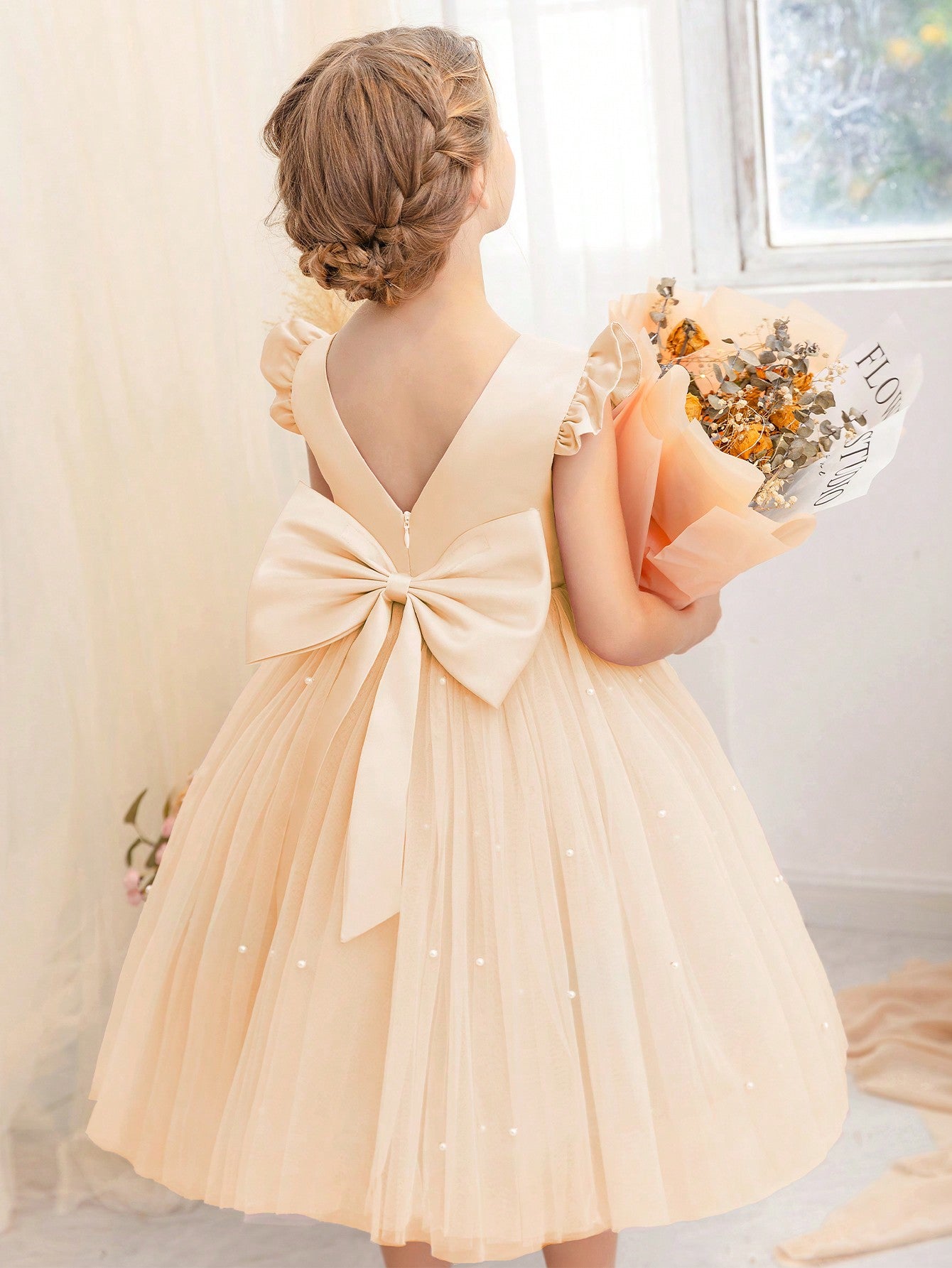 Young Girl Flutter Sleeve Tulle Formal Dress, Suitable For Birthday Party, Dance Party, Casual, Daily Wear, Musical Performance, And Stage Costume