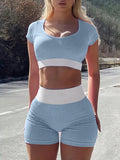 Women Color Block Short Sleeve Cropped Top And Shorts Set For Spring And Summer