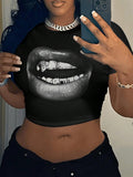 Casual Lips Pattern Round Neck Slim Fit Short T-Shirt For Women, Summer