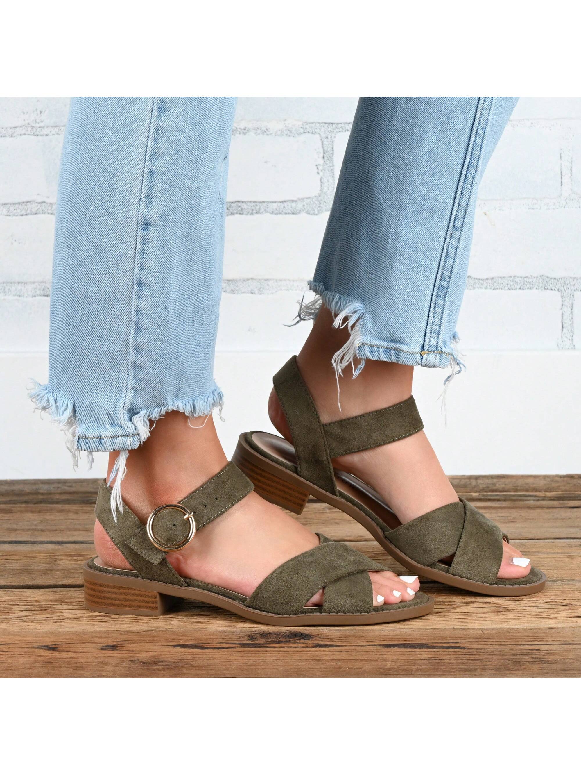 Womens Crisscross Strap Stacked Heel Sandals