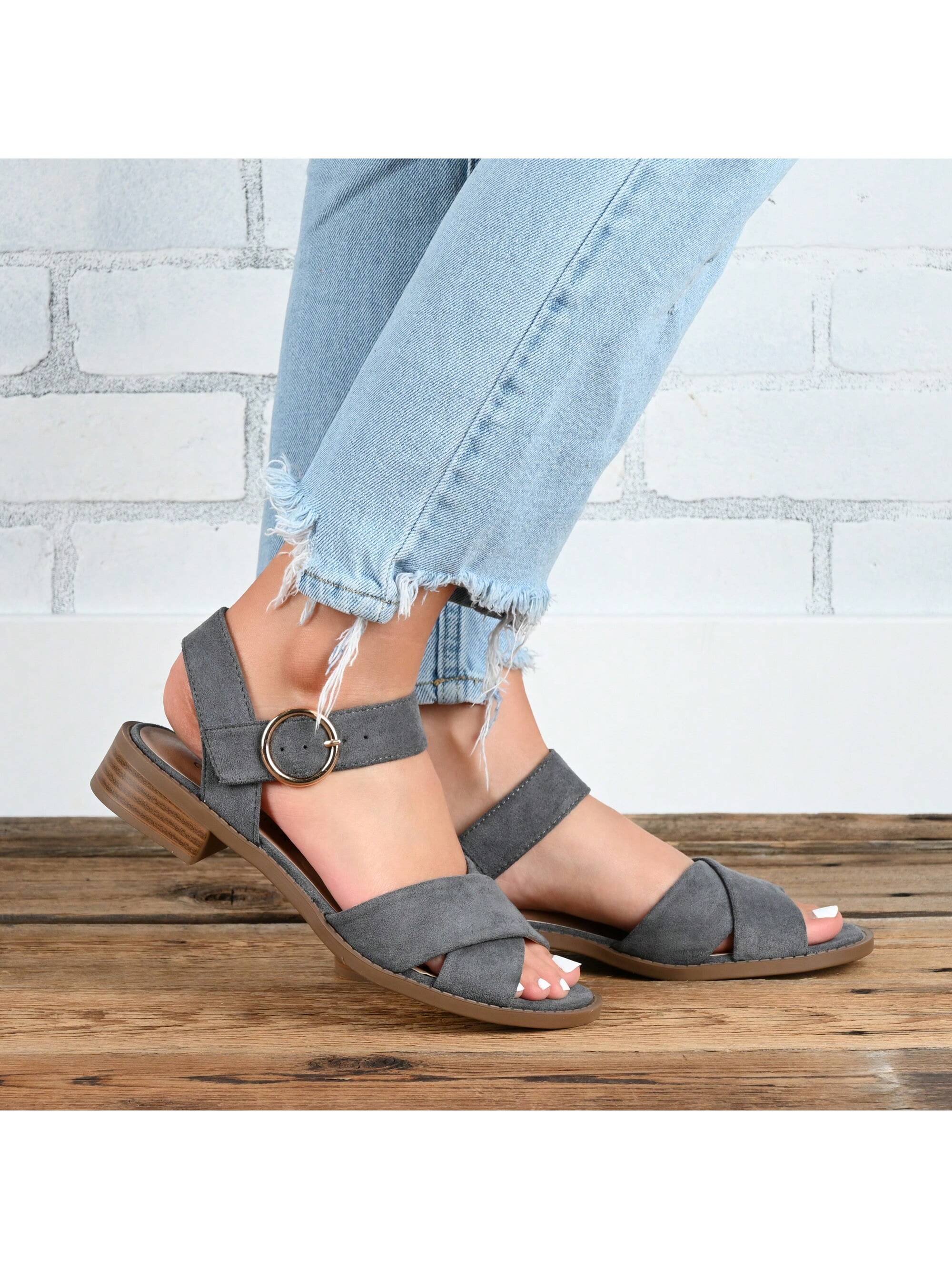 Womens Crisscross Strap Stacked Heel Sandals