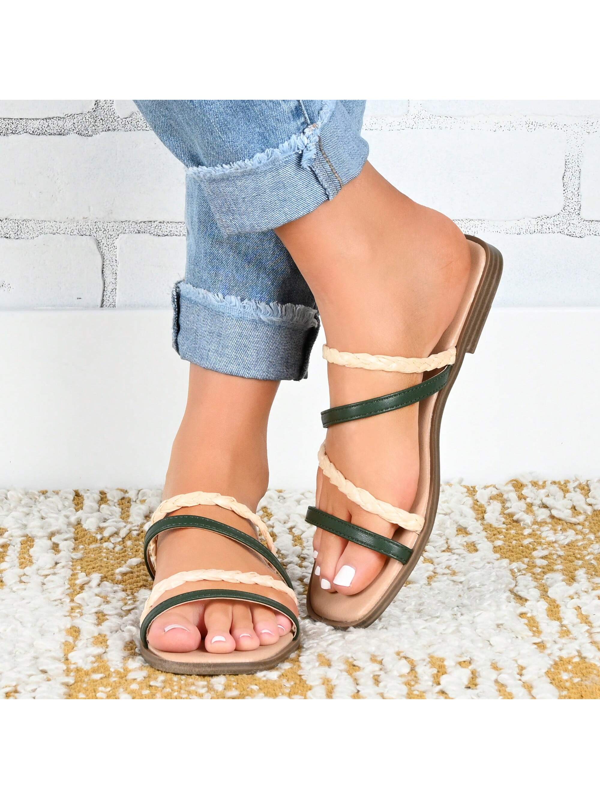 Womens Low Stacked Heel Slide Sandals