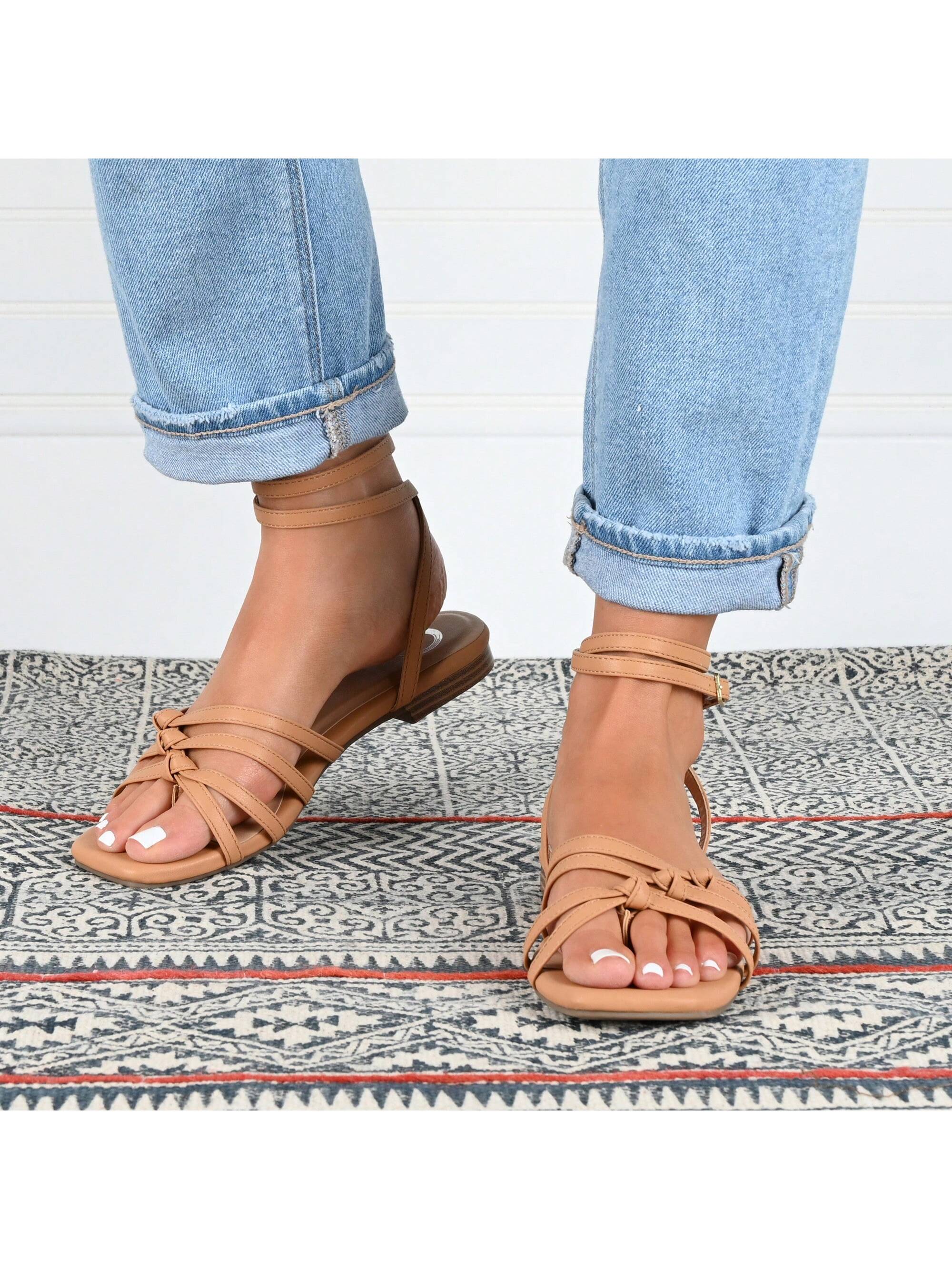 Womens Ankle Wrap Low Block Heel Sandals