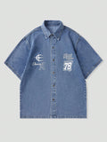 Men's Casual Printed Short Sleeve Denim Shirt