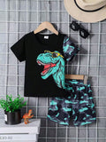 Young Boy Dinosaur Printed Camouflage Patchwork Short Sleeve T-Shirt And Shorts 2pcs Set For Summer