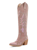 WETKISS Sparkly Rhinestones Cowboy Boots For Women Knee High Boots Chunky Heel, Pointed Toe And Side Zippers