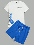 Men's Plus Size Bear & Letter Printed Short Sleeve Casual T-Shirt And Drawstring Waist Shorts Set, Summer