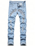 Men's Plus Size Distressed Jeans With Letter Print, Pockets And Belt Loops