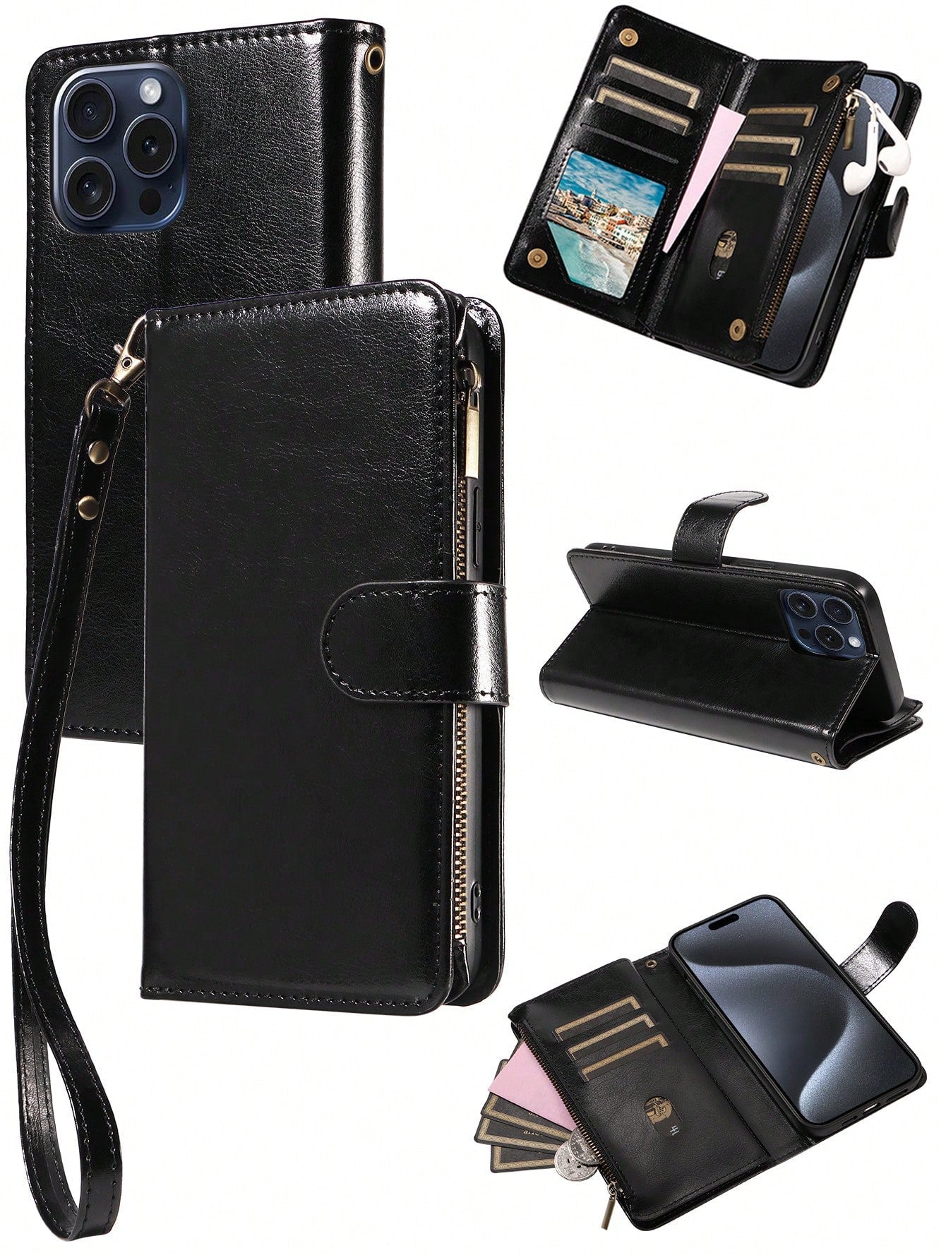 Multifunctional Card Holder Protective Phone Case With Strap Compatible With Apple IPhones