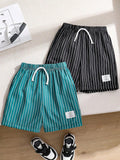 Tween Boy 2pcs/Set Striped Shorts, Summer Casual Wear, Medium And Large Size