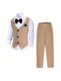 Blossomsprite Kids Young Boy 3pcs Gentleman 2 In 1 Long Sleeve Waistcoat, Trousers, And Bow Tie Sets For Weddings, Performances, Parties, And Holidays