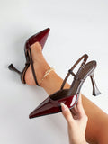 Women's High Heel Pointed Toe Wine Red Patent Leather Shoe With Buckle Strap
