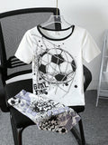 Teen Boy Black & White Football Element Printed Shorts & Short Sleeve Snug Fit Homewear Set