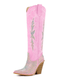 WETKISS Sparkly Rhinestones Knee High Boots For Women Cowgirl Cowboy Boots Chunky Heel, Pointed Toe And Pull On