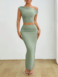 Women's Fashionable Asymmetric Collar Pleated Top And Skirt Set