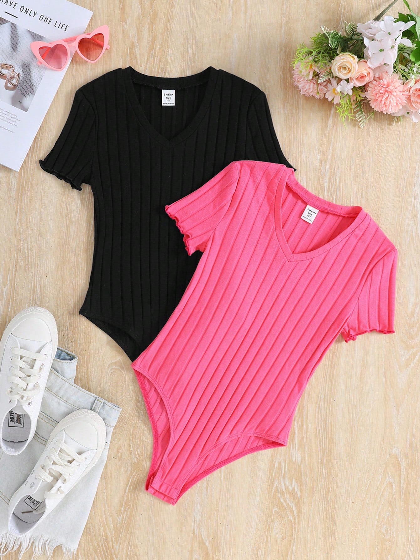 Tween Girls' Solid Knit V-Neck Bodysuit For Casual Occasions