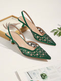 Women's Low-Heel Shoes With Rhinestone Decoration - Pointed Toe, Mesh Hollow Out Design, Slingback Style, Perfect For Parties And Formal Occasions