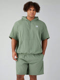 2pcs/Set Men's Plus Size Woven Casual Casual Hooded Half-Placket Short Sleeve Shirt And Straight Shorts
