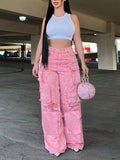 Music Festival Style Vintage Washed Cargo Pants With Faux Denim Pocket Design