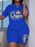 Crown & Letter Printed Short Sleeve T-Shirt And Shorts Casual Two-Piece Set For Summer