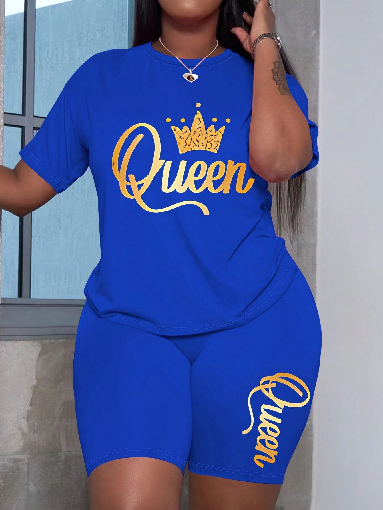 Crown & Letter Printed Short Sleeve T-Shirt And Shorts Casual Two-Piece Set For Summer