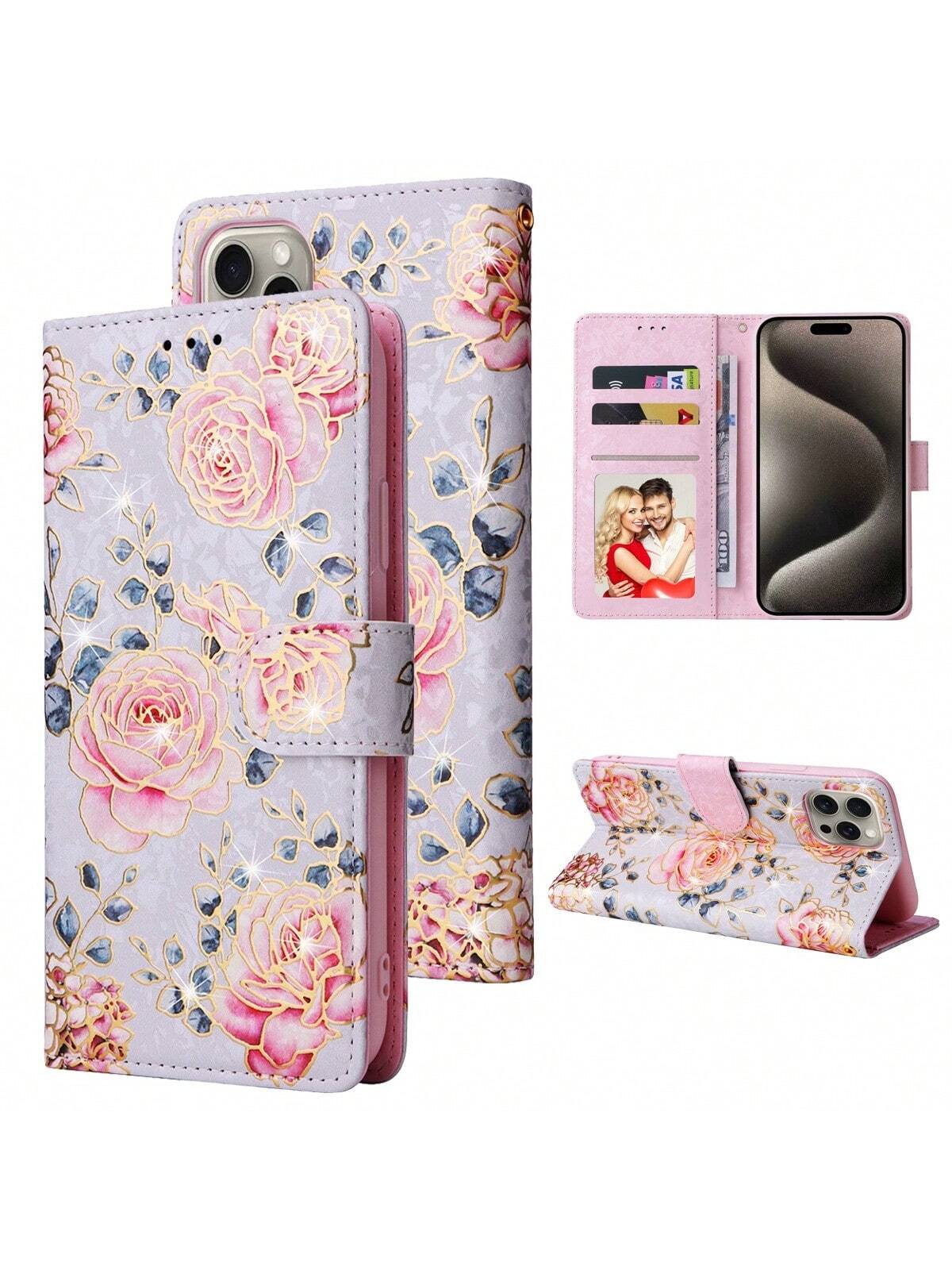 RFID Blocking Anti-Theft Embossed Hot Stamped Floral Pattern Wallet Case With Card Slots Compatible With IPhone 11 12 13 14 15 Pro Max Samsung S24 Ultra S23 S22 S21 S20 A12 A13 A14 A15 A33 A53 A34 A54 A35 A55 PU Leather Stand Holder Flip Cover With Hand-S