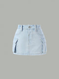 Streecool Kids Young Girl Casual Loose Denim Skirt With Multiple Pockets