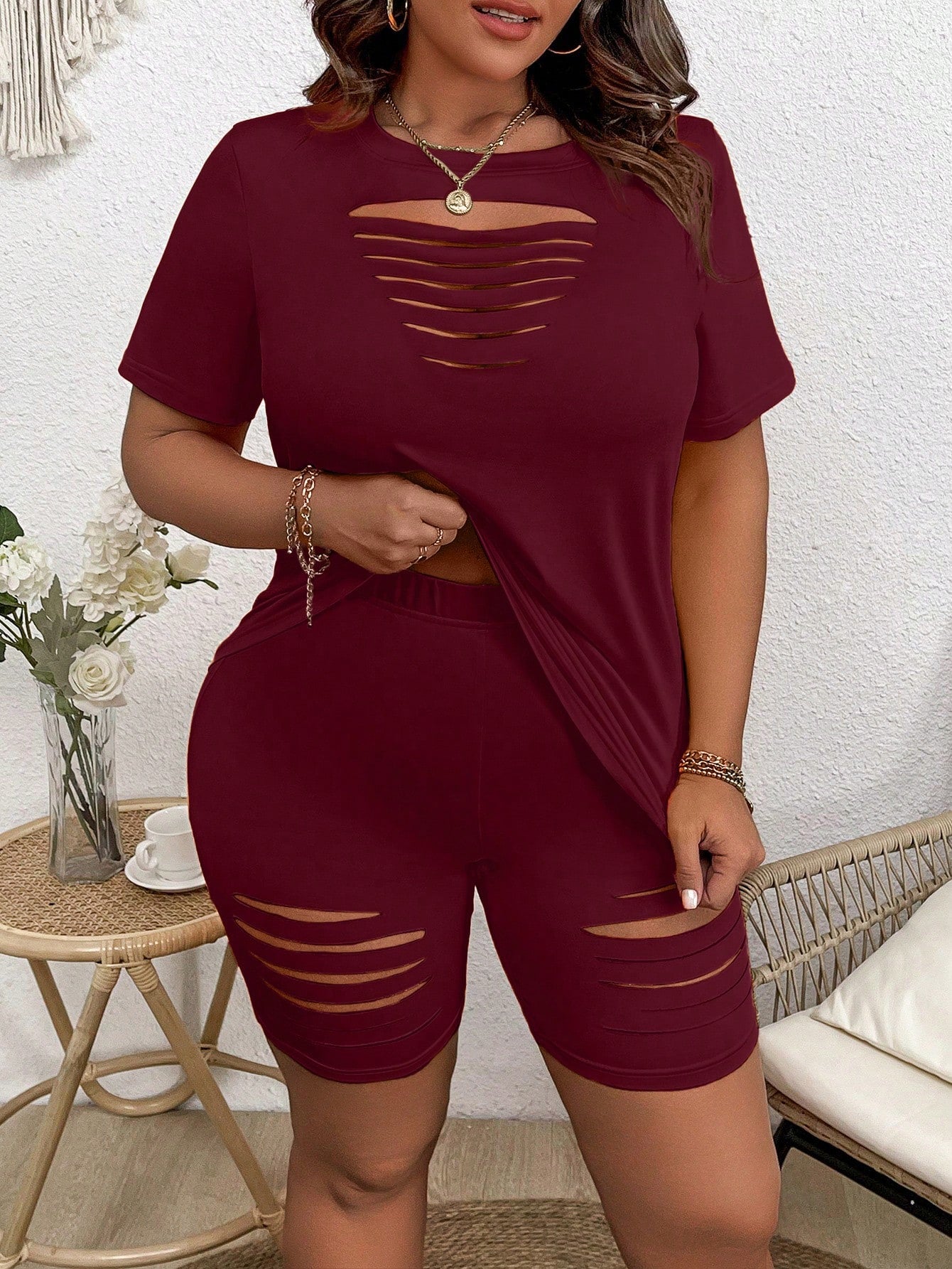 Plus Size Women's Solid Color Hollow Out Round Neck Short Sleeve T-Shirt And Shorts Set