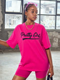 Teen Girl Casual Fit Pink Letter Printed T-Shirt & Cycling Shorts, Sports Streetwear Casual 2pcs/Set