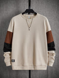 Teen Boy Casual Fit Colorblock Long Sleeve Sweatshirt With Patched Sleeves, Suitable For Spring, Summer, Autumn, Winter, Home, College